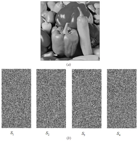 Figure 1: (a) 256 × 256 Secret Image S; (b) 128 × 256 Shadow Images S 1 , S 2 , S 3 , S 4