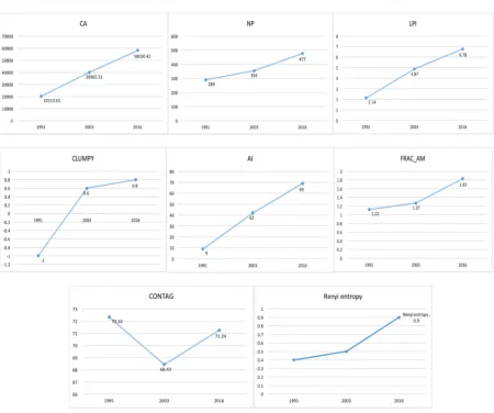 Figure 5. Different temporal urban settlement growth signatures of spatial metrics. 