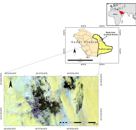 Figure 1. Location of the study area within the Al-Ahsaa Eastern Region, the image from Landsat-7 ETM+ channel 7,5,1 