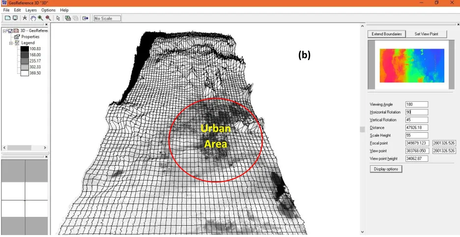Figure 2. 3D view of the study area; a) the internal relife, and b) the urban build-up area