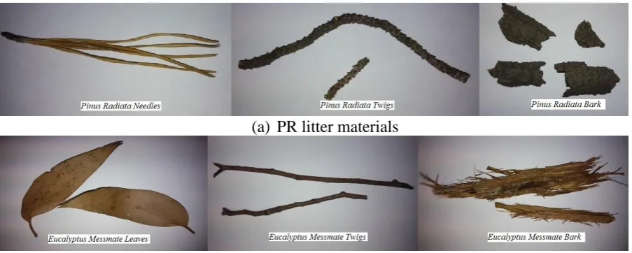 Fig. 1: (a) Photographs of pine needle, twig and bark pieces (b) Photographs of eucalyptus leaf, twig, and bark samples 