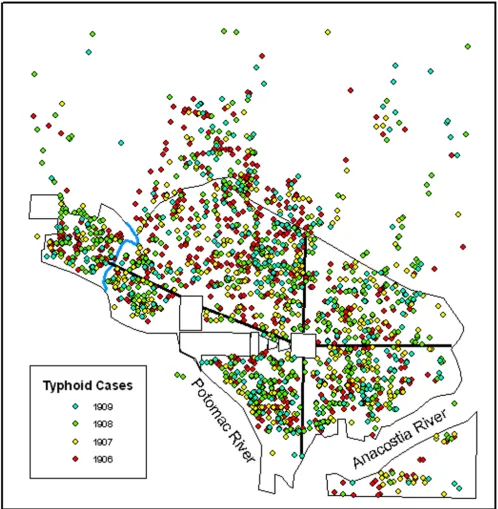 Figure 1All cases of typhoid that showed signs of onset between 1 May – 31 October for all years studied (1906–1909)All cases of typhoid that showed signs of onset between 1 May – 31 October for all years studied (1906–1909).