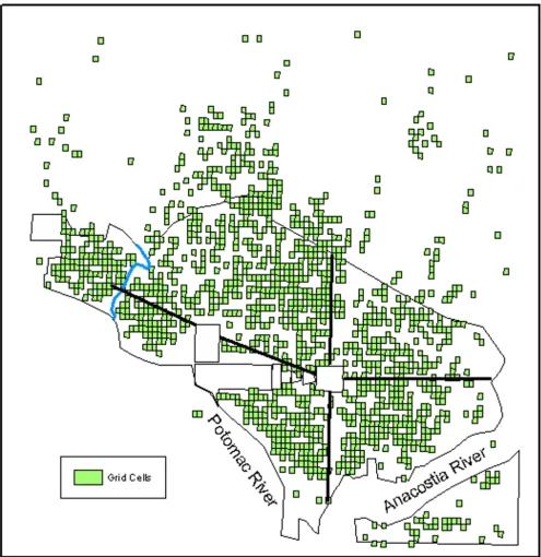 Figure 2GThe distribution of the 90 m × 115 m grid cells with one or more typhoid cases from any one of the years studied used in the i* analysisThe distribution of the 90 m × 115 m grid cells with one or more typhoid cases from any one of the years studied used in the 