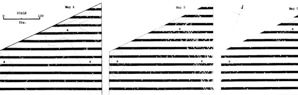 FIGURE 3. “Point” maps of area covered by transects 22-34. Map A shows vegetation in 1954, Map R in 1958 two years after burning and Map C in 1961