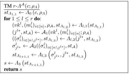 Fig. 2. TM r-ΛA that solves a non-interactive complexity assumption according to Deﬁnition 5,constructed from a r-simple reduction r-Λ =�Λ0, (Λl,1, Λl,2, Λl,3)l∈[r] , Λ3�and an attackerA = (A1, A2).