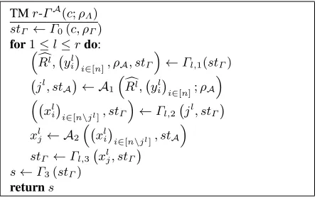 Fig. 4. TM r-Γ A that solves a non-interactive complexity assumption according to Deﬁnition 5,constructed from a r-simple reduction r-Γ =�Γ0, (Γl,1, Γl,2, Γl,3)l∈[r] , Γ3�and an attackerA = (A1, A2).
