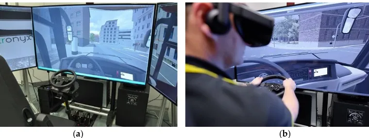 Figure 2. A driving simulator developed within the project inTraSim: (the developed driving simulator; (a) The hardware equipment of b) A test driver performing a turn-right maneuver