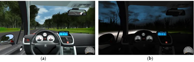 Figure 6. The integrated and further developed driving simulator: (driving simulator; (a) The internal structure of the b) A test driver experiencing virtual scenes using a head-mounted display
