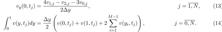 Table 2: The exact and the numerical integral h(t)∫ 10 v(y, t)dy for M = N ∈ {10, 20, 40, 100}, for thedirect problem.