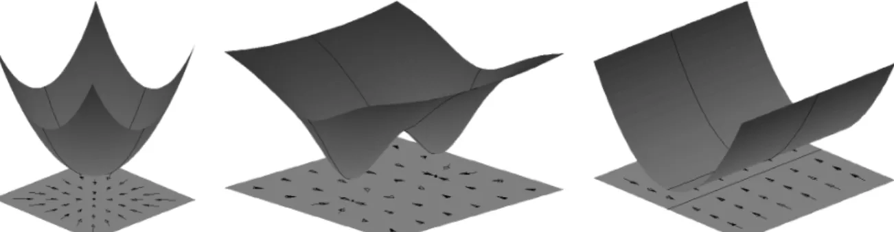 Fig. 2.8: Energy landscape of output feedback dynamics. Convex energy landscape with a single fixed-point attractor (left): The same attractor is approached for all initial conditions