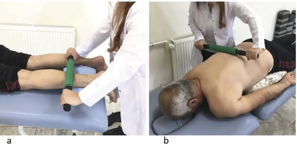 Figure 2 Examples of the roller massage application: gastrocnemius/achilles tendon (A), sacrolumbar fascia/erector spinae (B).