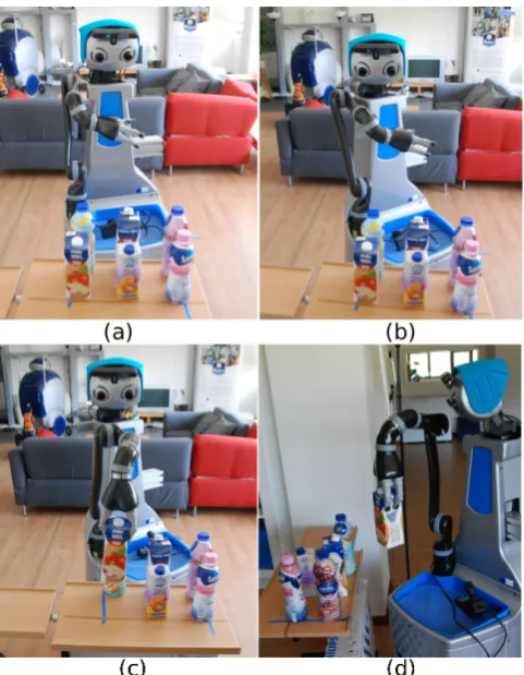 Figure 8. The ﬁrst strategy for manipulation: (a) The robot moves close to the table, (b) The mobileplatform is rotated to grasp the target object