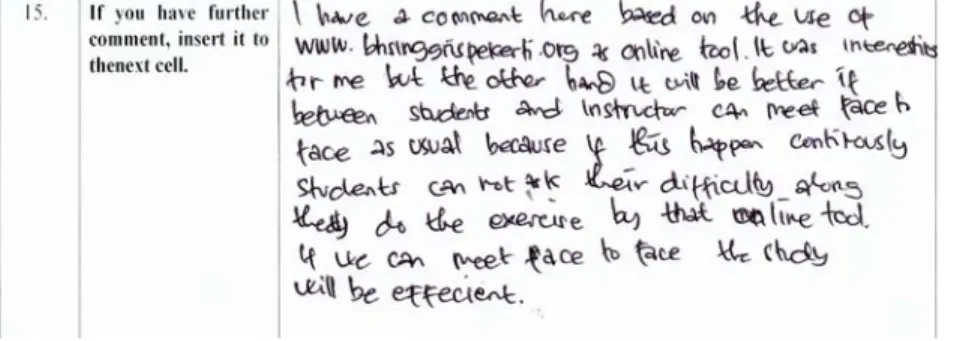 Figure 5. A Learner’s Feedback for a Face-to-Face Meeting in Between  Online  Exercises 