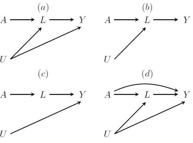 Figure 1.7: Causal graphs depicting a single time point with treatment Athrough Yonly, and, outcome Y, covariate L, and an unknown variable U