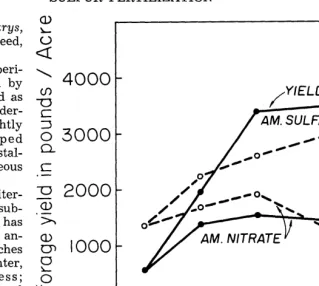 FIGURE 2. Yield of sulfur monium sulfate and ammonium content of forage from annual-type range fertilized with am- nitrate (equal nitrogen basis), Experiment 1