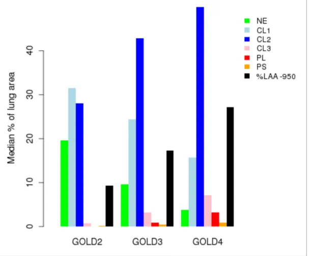 Figure 1. Percentage of each LHE-based emphysema pattern by Global Obstructive Lung Disease (GOLD) stage in ECLIPSE