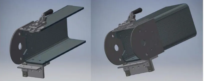 Figure 3 Material guidance system (cut section and completed) for the open source waste plastic granulator