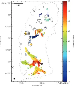 Fig. 9. First moment map of the 4(2, 2)–3(1, 2)-E methanol line at218.440 GHz. Black contours show the 230.9 GHz or 1.30 mm con-