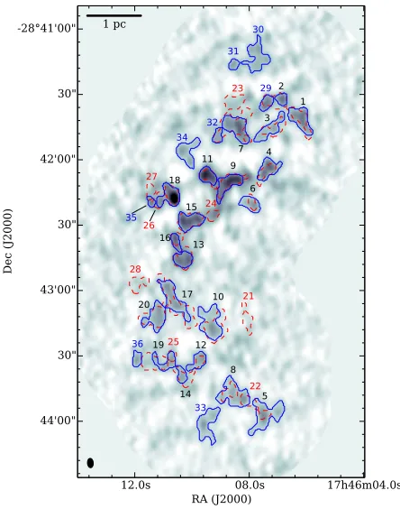 Fig. 3. Map of the cores detected in 218.9 and 230.9 GHz (1.37 mm andcores are numbered as listed in Tablein the bottom left corner: 41.30 mm) continuum emission observed with the SMA, in red dashedand blue solid contours, respectively
