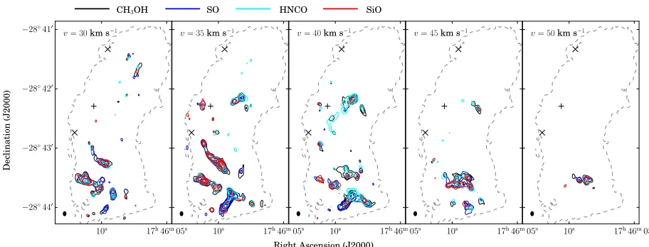 Fig. 8. SMA CHlevel of 0.024 mJy beamthe 1.3 cm sources VLA 4 and 5 fromsign marks the position of the water maser reported by3OH 4(2, 2)–3(1, 2)-E, SO, HNCO and SiO emission