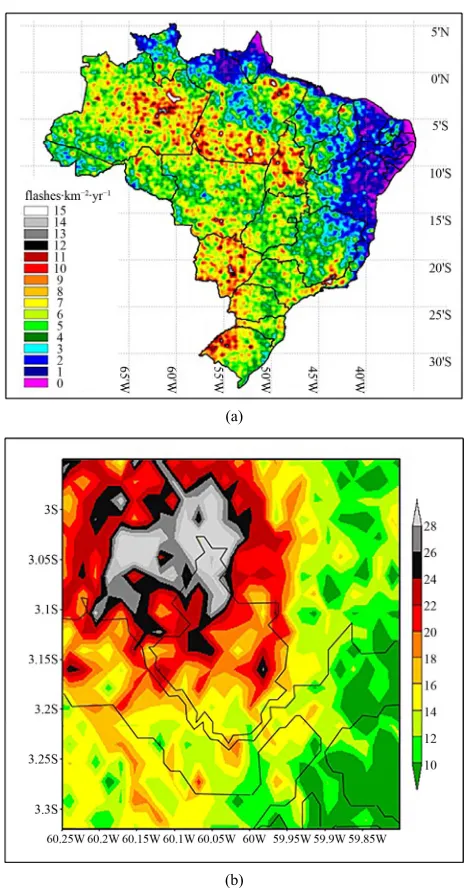 Figure 2. Lightning activity observed by: (a) LIS sensor in Brazil in the period from 1999 to 2013