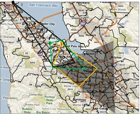 Fig. 1: Technology Sourcing from Silicon Valley Top patenting zip codes outside of core and their sourcing zones 