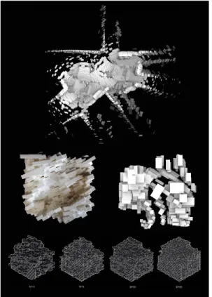 Figure 5: Examples of morphological re-writing based  on  different  urban  datasets  concerning  sound,  geological conditions, and visual porosity