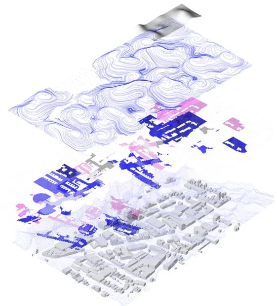 Figure 3: By comparing datasets in an axonometric drawing it possible to read the complex, discontinuous distribution of  data typical in large data analysis