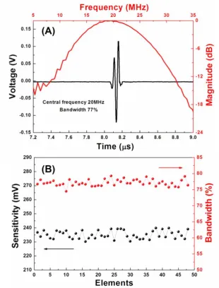 Figure 5. (A) Measured pulse-echo response performance of random element; (B) sensitivity and bandwidth of the pulse-echo signal for each element