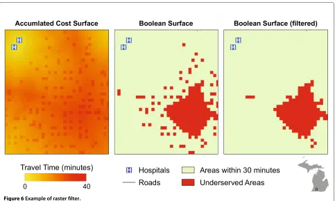 Figure 7 Service areas (and resulting underserved areas) produced by network-based method.