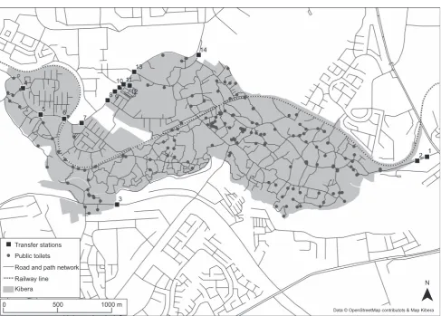 Figure 2. Map showing Kibera settlement, public toilets andlocations identified as suitable for transfer stations by the multi-criteria evaluation