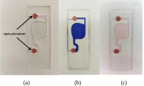 Figure 3. (a) An empty microfluidic cassette showing septa placement, (b) a cassette with a 
