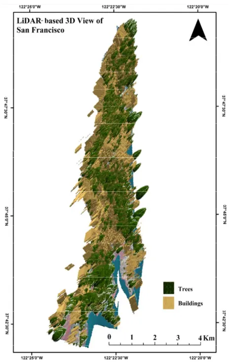 Figure 9. 3D rendering of extracted tree and building fea- tures over the study area extraction results