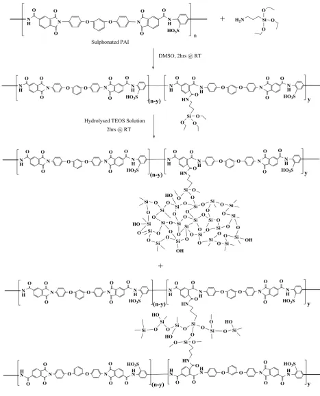 Figure 6. Reaction scheme of synthesis of sulphonated polyamideimide/silica hybrid 