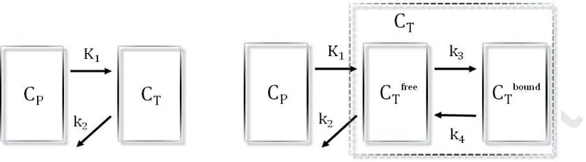 Fig. 1Accepted Manuscript. Schematic diagram of a single-tissue and a two-tissue kinetic model showing the different compartments as well as the constant rate controlling the rate of change in activity concentration for each compartment.