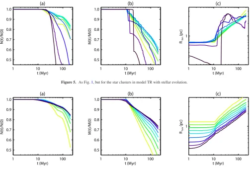 Figure 5. As Fig. 1, but for the star clusters in model TR with stellar evolution.