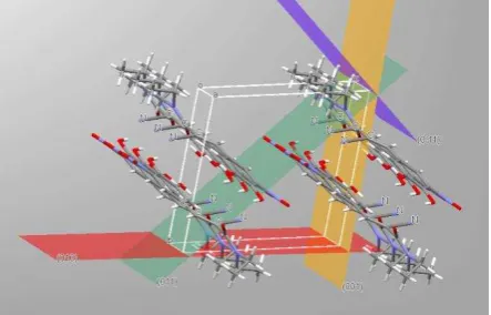 Figure 4. Inter-molecular packing within the crystallographic unit cell  of form A entacapone based on  the published crystal structure56 highlighting and comparing the respective  surface chemistry for  the (010) – red ; (001) – yellow; (011) – green and 