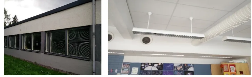 Figure 1. Studied building section, a typical supply air duct diffuser, and an extract air grille in a classroom