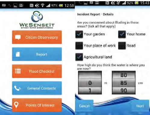 Figure 3 – Citizens’ Observatory mobile app – main screen (left) and sensor report (right) 
