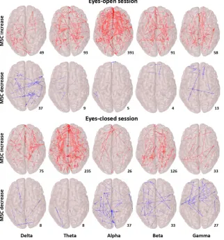 Figure 1. Alcohol-induced significant connectivity differences. Differences during eyes-open and during eyes-closed sessions are presenteddecreased in the lower rows (blue connections)
