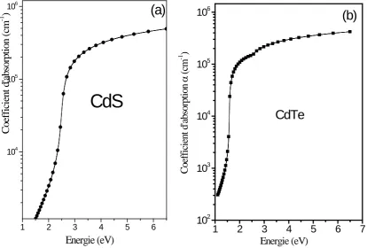 Figure 2. Absorption coefficient of CdS (a) and CdTe (b) according to the dielectric model  [12]