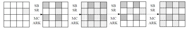Fig. 4: An example of 1-4-16-4 diﬀerential characteristic. Gray squares denote leaked bytes