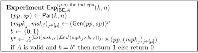Figure 1:The (µ, q)-IBE-IND-CPA security experiment.