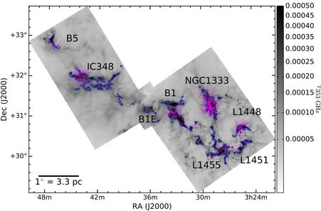 Figure 1.τ353 GHz map of the Perseus molecular cloud (Zari et al. 2016), with magenta lines showing the directions of the outﬂowsmeasured in this study