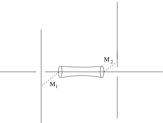 Fig. 6 There is one holomorphic annulus connecting the two S3’s. This correspondsto a one-loop computation with a bifundamental string running around the loop.