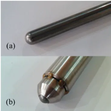 Fig. 3 ISF tools for cranial plate forming: a conventional ball-head rigidtool;b roller-ball tool