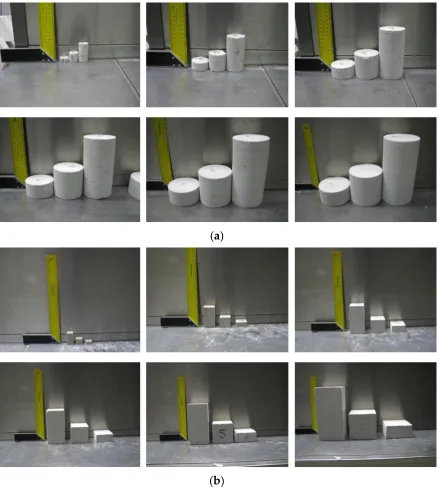 Figure 1. Specimens before tests [15]: (a) core specimens, (b) cube specimens. 