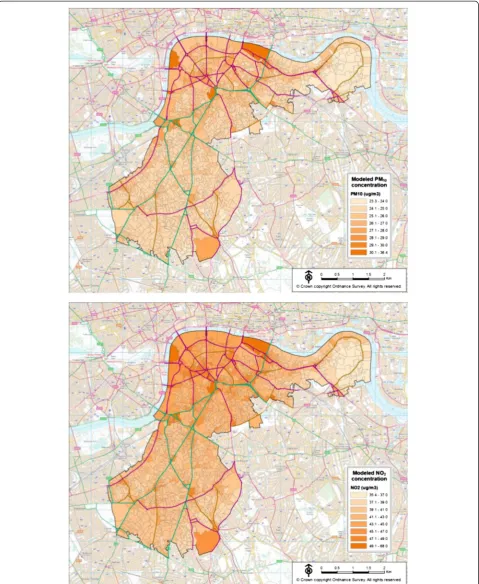 Figure 1 Modeled PM10 and NO2 concentrations in census output areas in the South London Stroke Register study area, 2002.
