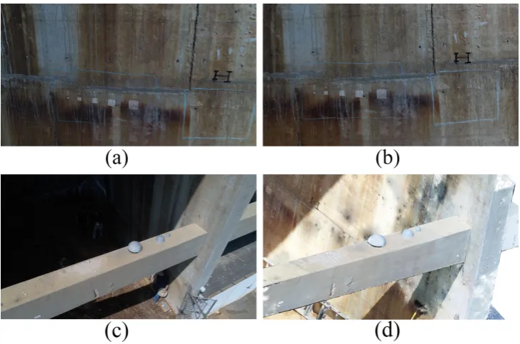 Figure 4. Controlled simulated damages: (a) 2D image of Type 1 and 2 defects; (b) 3D point cloud rendering of Type 1 and 2 defects; (c) 2D image of Type 3 volumetric defects; (d) 3D point cloud rendering of Type 3 volumetric defects