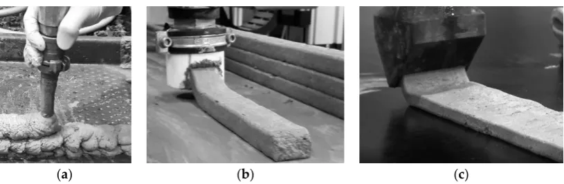 Figure 9. Extrusion experiments with designed foam concrete: (a) composition M-1, extrusion with a standalone progressive cavity pump (PCP) DURAPACT DP 326S, (b) composition M-2 and (c) composition M-3, dispositioning with 3DPTD equipped with PCP